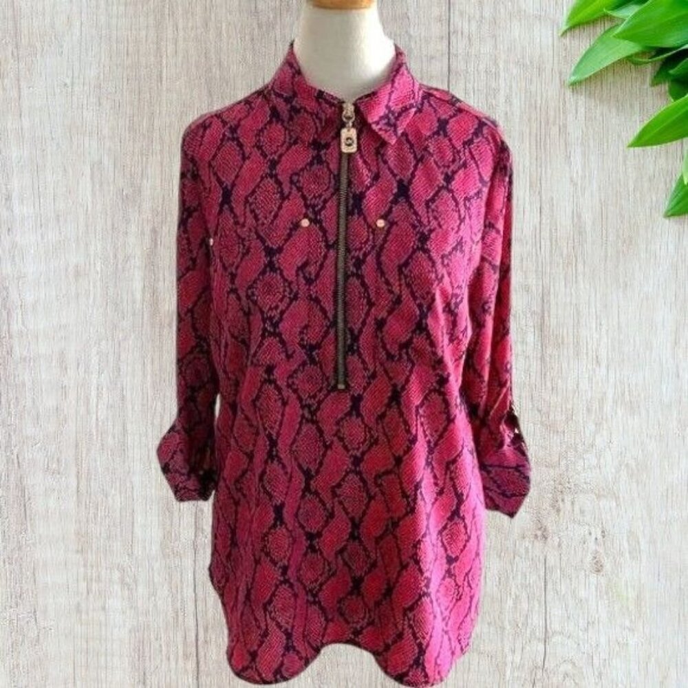 Pink Snake-Print Zip Front Women's Blouse